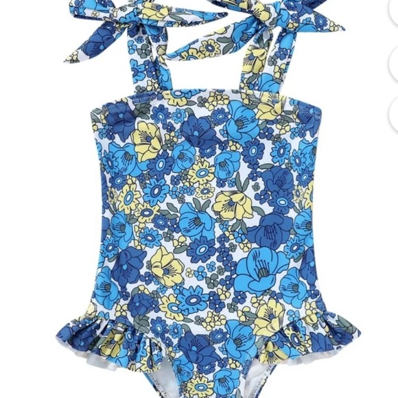 9-12M Baby Girl Swimsuit Blue Floral One-Piece Bathing Suit Summer Chic - Picture 1 of 8